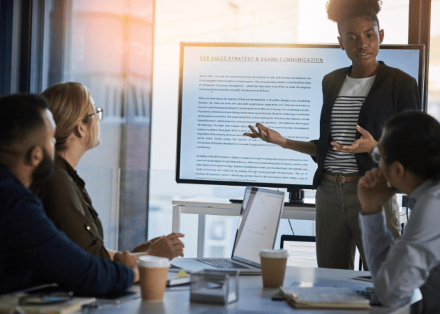 Woman standing in a meeting room presenting